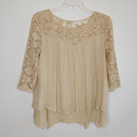 JohnPaulRichard Top Blouse Peasant Boho Penny Lane Tunic Lace Beige Tan Small - Picture 2 of 13
